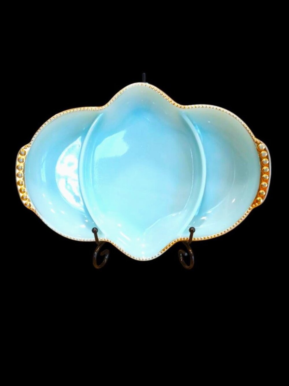 Vintage Fire King Delphite Blue 3 Part Relish Tray Dish Gold Trim Anchor Hocking